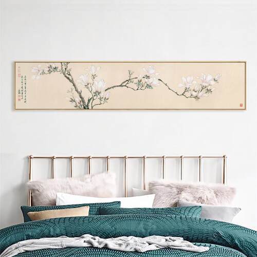 水墨宣言 新中式卧室床头墙装饰画 画客厅背景墙花鸟横幅白玉兰挂