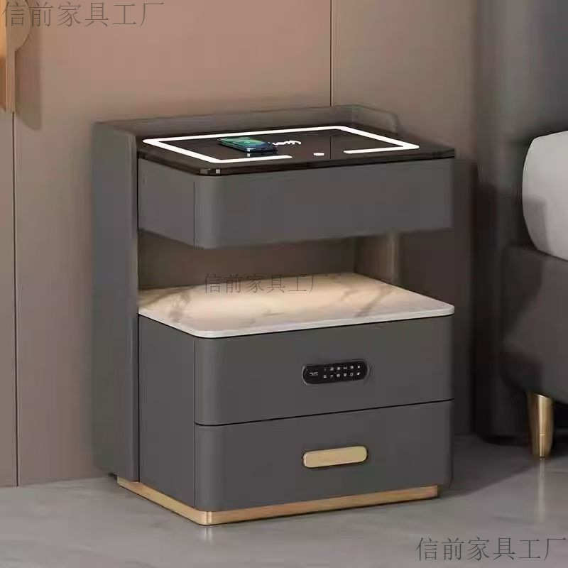 智能床头柜卧室家用轻奢简约无线充电多色灯带多功能床边柜整装