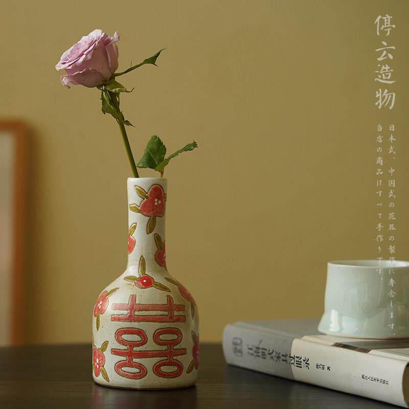 喜字覆古小花瓶手绘陶瓷花插囍插花新婚婚庆婚房结婚摆件中式粗陶