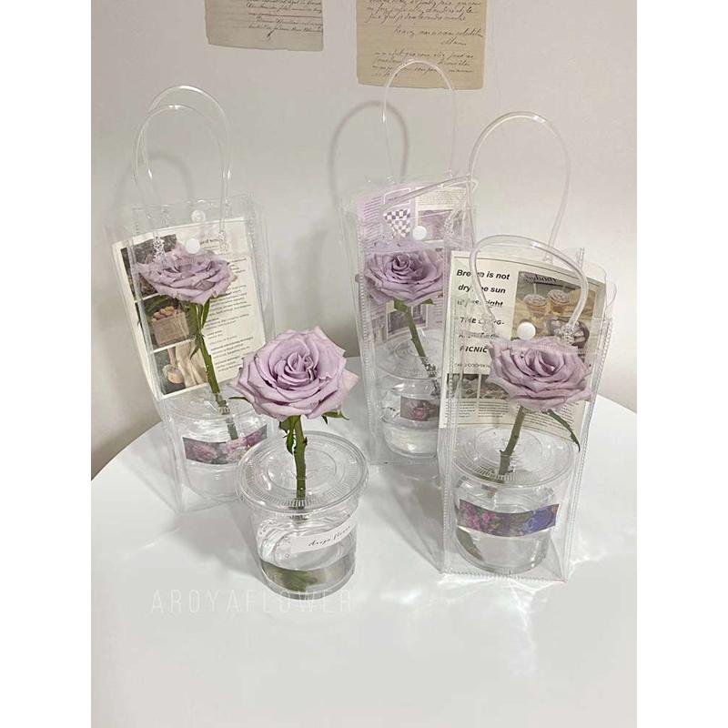 pvc花袋七夕情人节摆摊鲜花袋子透明手提袋diy杯花单支花店包装袋