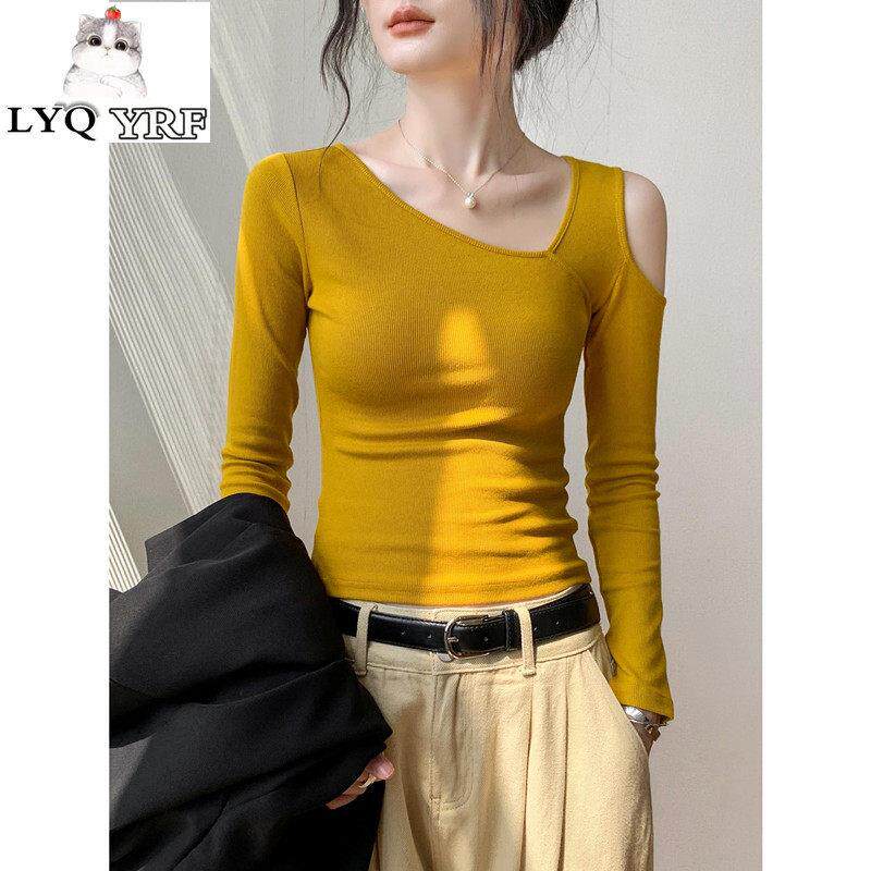 LYQ YRF斜领镂空长袖T恤女春秋季ins修身露肩性感内搭打底衫上衣