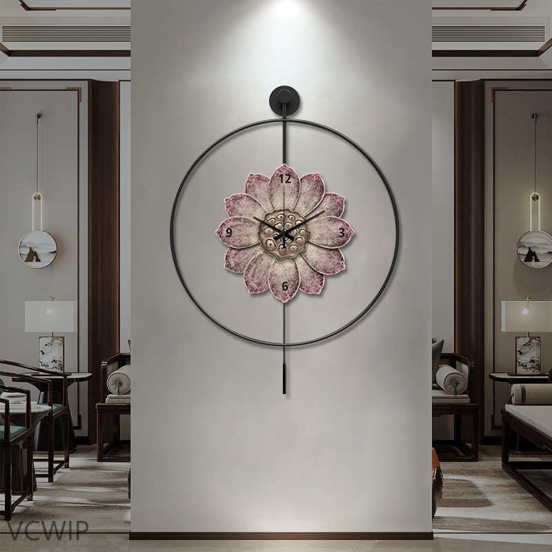 l1s新中式餐厅挂钟装饰画高挡荷花玄关挂画创意客厅挂墙静音时钟图片
