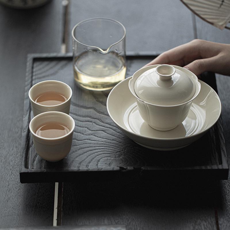 粗陶草木灰釉手工陶瓷盖碗小号功夫茶具花口日式泡茶碗单个茶碗