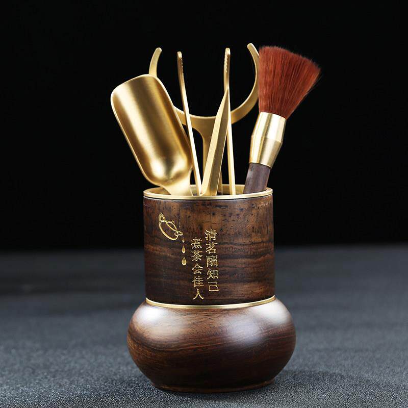 黄铜茶道六君子黑檀木功夫茶具手工中式复古高档礼盒组