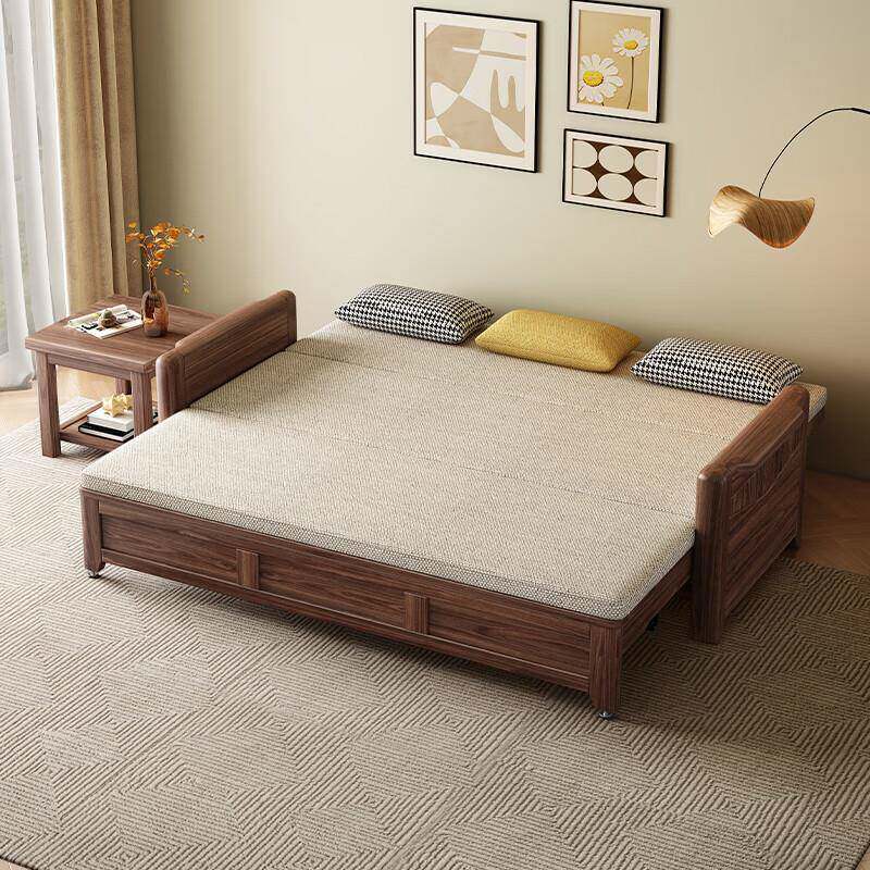 黑胡桃实木沙发床多功能推拉储物双人床书房客厅折叠伸缩冬夏两用