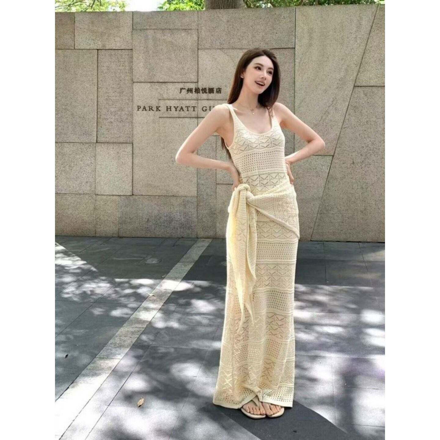 韩系休闲套装女夏季巨好看纯欲亚麻披肩吊带背心半身长裙子一整套