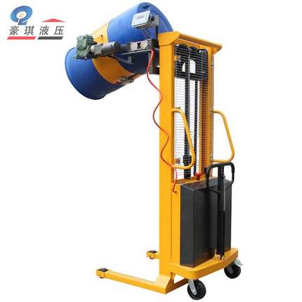 厂家供应抱箍式手动液压油桶堆高车翻转倒料车电子秤油桶倒料机
