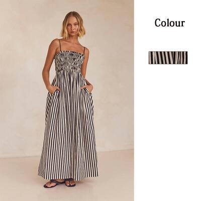 Maxi Dress In Black And Beige Stripe women Slip Sleeveless