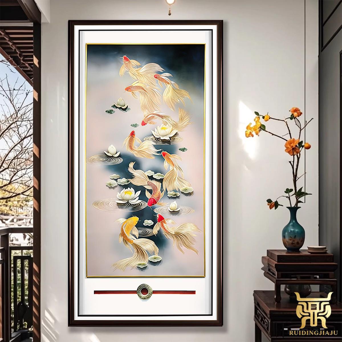 新品铜雕装饰画入户玄关手工雕刻铜镶玉客厅新中式竖版九鱼图挂画