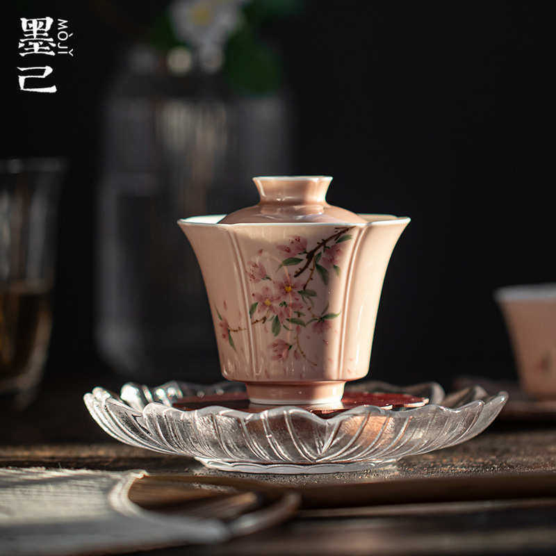 墨己 苍烟红手绘桃花盖碗 家用文人器陶瓷泡茶碗 落桃赋茶室用碗,餐饮具,盖碗,淘宝优惠券,粉丝福利购,淘宝优惠卷