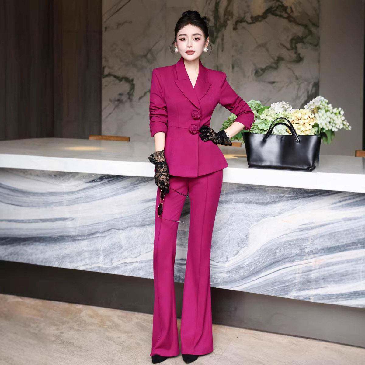 2026春季新款高端时尚西装女套装职业装胖mm微喇长裤通勤大码女装