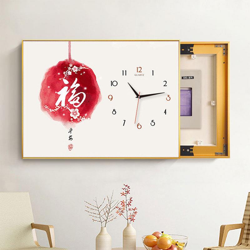 电表箱遮挡装饰画新中式风格配电箱带钟表可推拉电源挂画客厅壁画图片