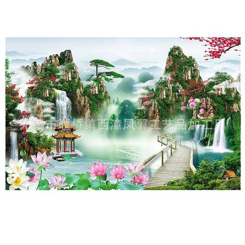 仙堂山水画堂口背景流水生财人间仙境亭子小桥流水客厅沙发背景