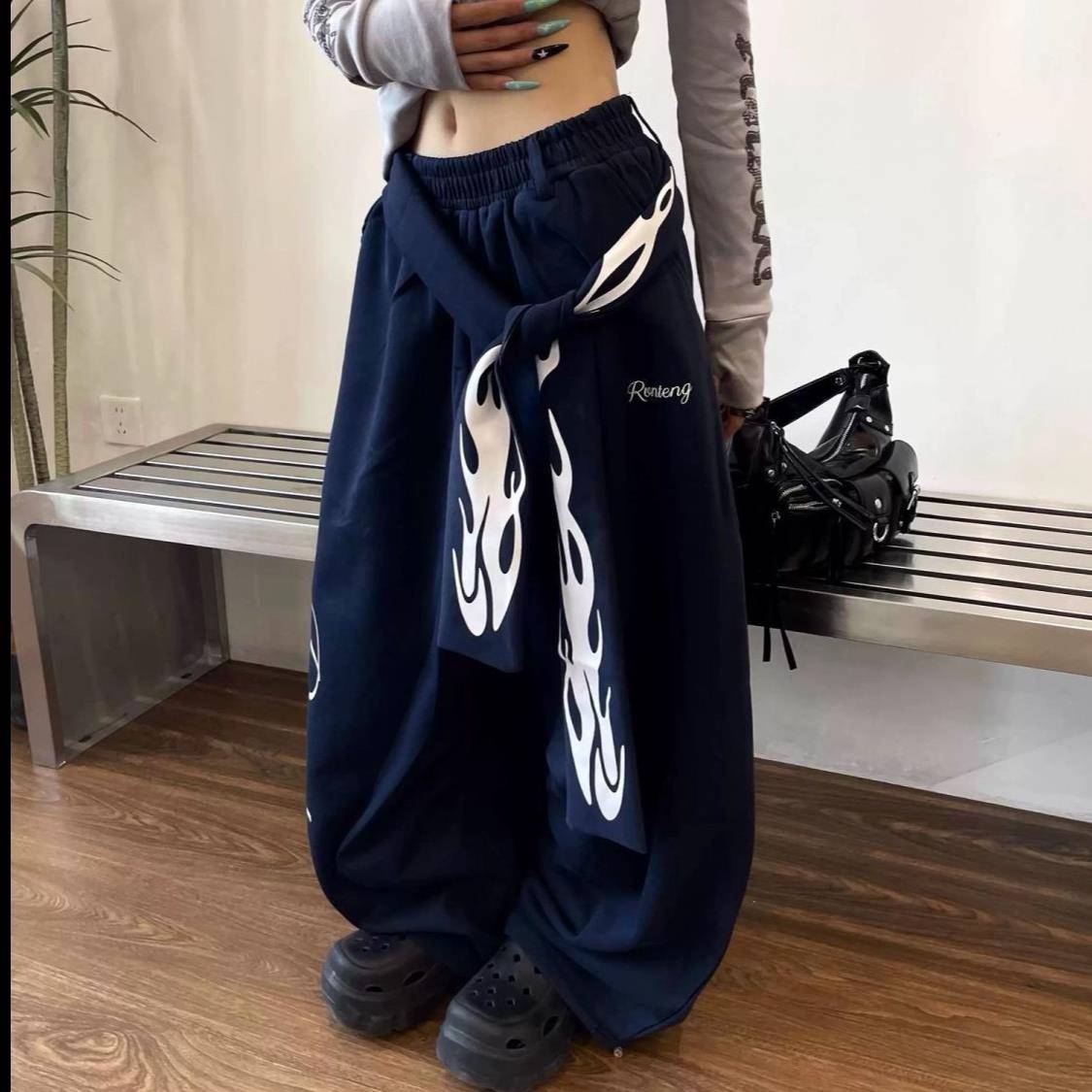 新品美式复古白色火焰印花可拆卸绑带弯刀卫裤跳舞女爵士舞宽松阔
