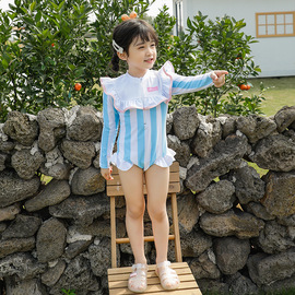 韩国儿童可爱蓝条纹字母荷叶，边海军领防晒长袖宝宝女童连体游泳衣