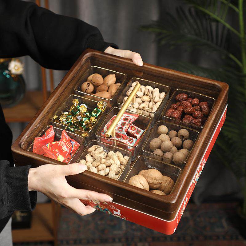 新中式胡桃实木干果盒家用客厅古典茶几瓜子糖果盒创意收纳坚果盘
