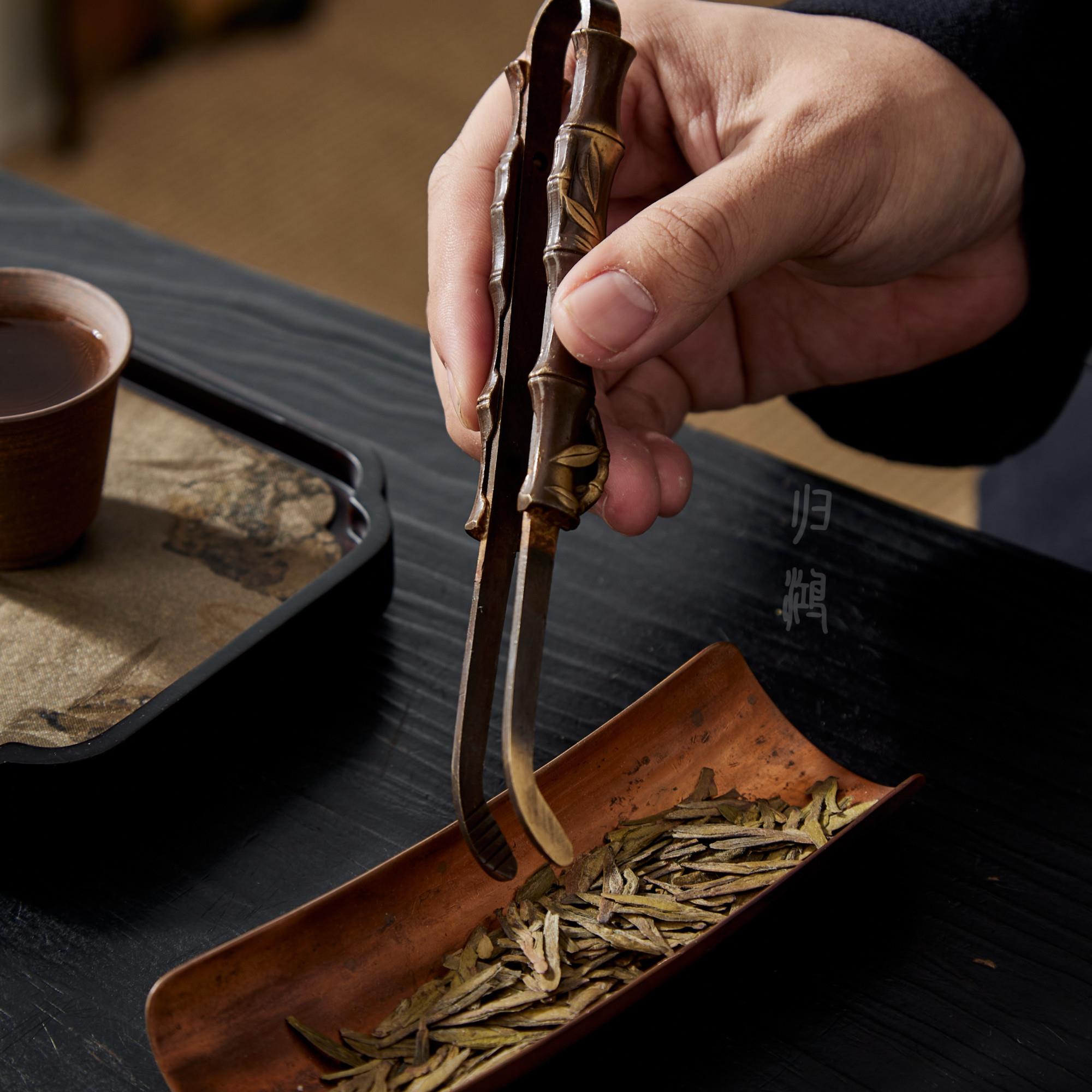 归鸿家用复古茶夹纯黄铜茶镊子防滑洗杯夹子高档茶具配件泡茶工具