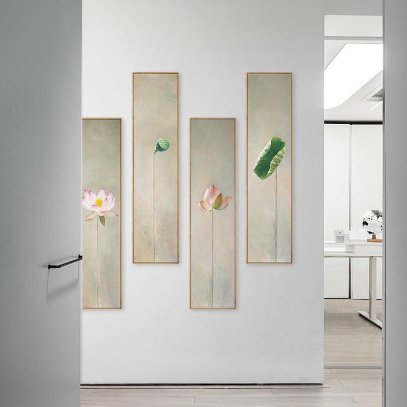 新中式禅意荷花装饰画茶室玄关背景墙画竖版长条墙面装饰莲花挂画图片