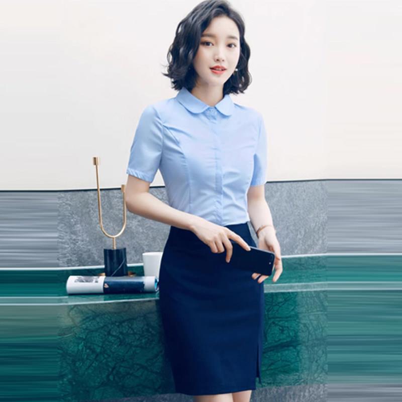 职业套装女短袖气质银行工作服公务员面试蓝色衬衫白衬衣夏款正装