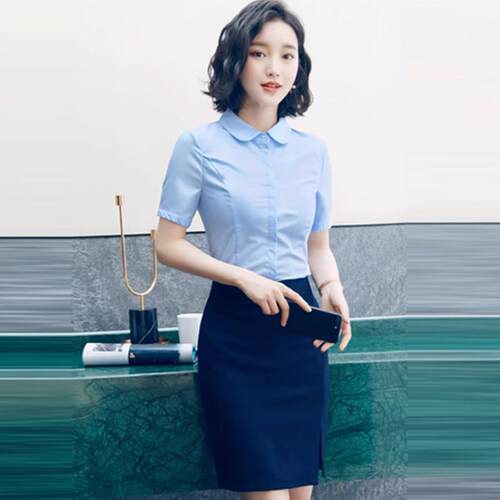 职业套装女短袖气质银行工作服公务员面试蓝色衬衫白衬衣夏款正装