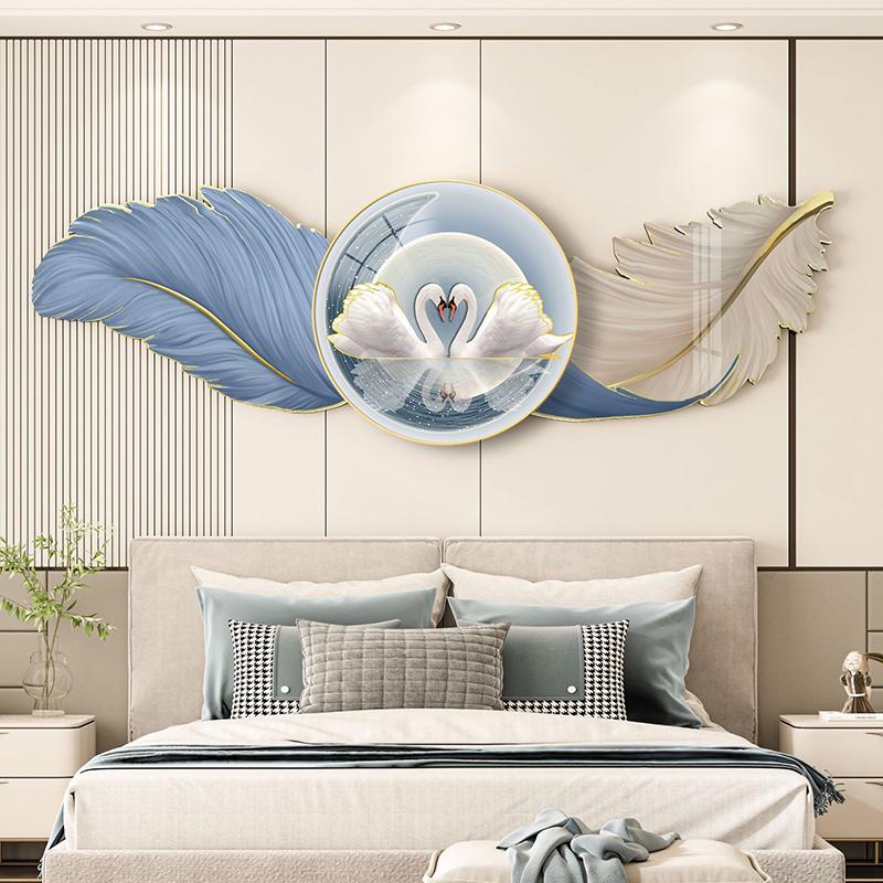 卧室床头挂画轻奢感羽毛装饰画主卧房间背景墙画现代简约壁画
