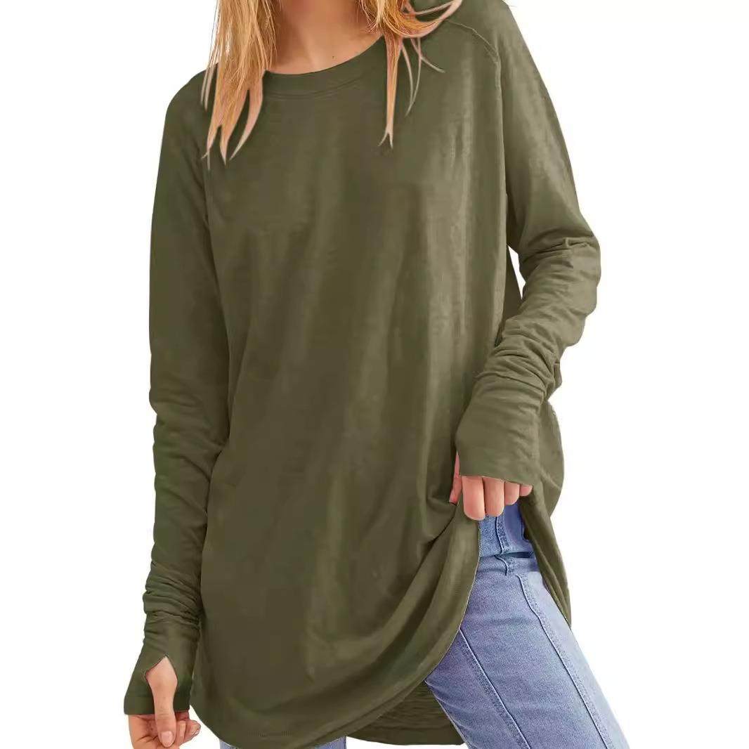 autumn women long workout tops with thumb-hole round neck