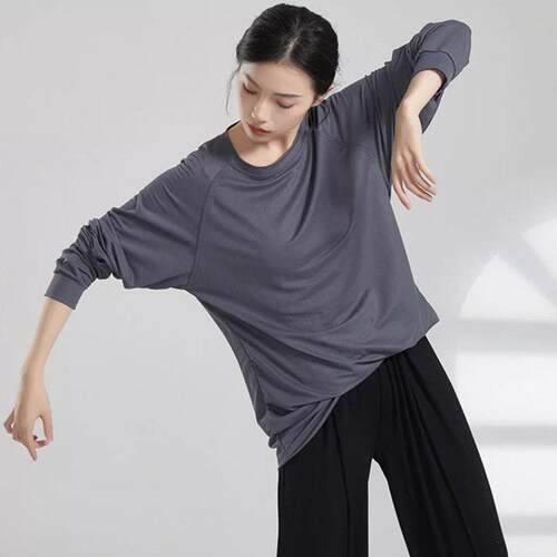 舞蹈服现代舞加长袖练功服圆领套头T恤男女同款宽松基训形体上衣