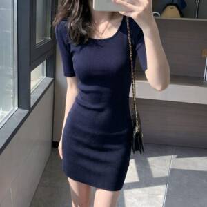 圆领短裙女夏季黑色弹力包臀辣妹修身针织小个子洋装