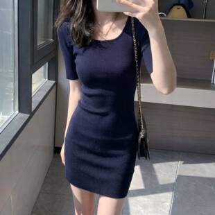 藏青色圆领短裙女夏季黑色弹力包臀辣妹修身针织小个子洋装