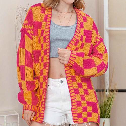 Women'S Trendy Checkerboard Knit Cardigan With Lantern