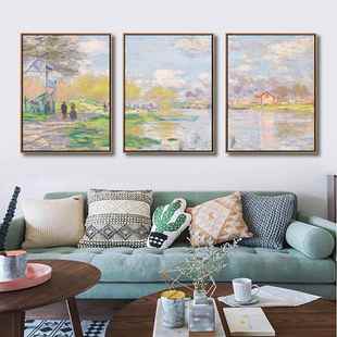 莫奈客厅三联画北欧风沙发背景墙壁挂画现代简约油画印象派装饰画