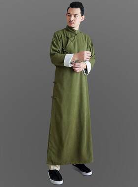 复古中式唐装汉服长袍 藏蓝色桃皮绒男装长衫