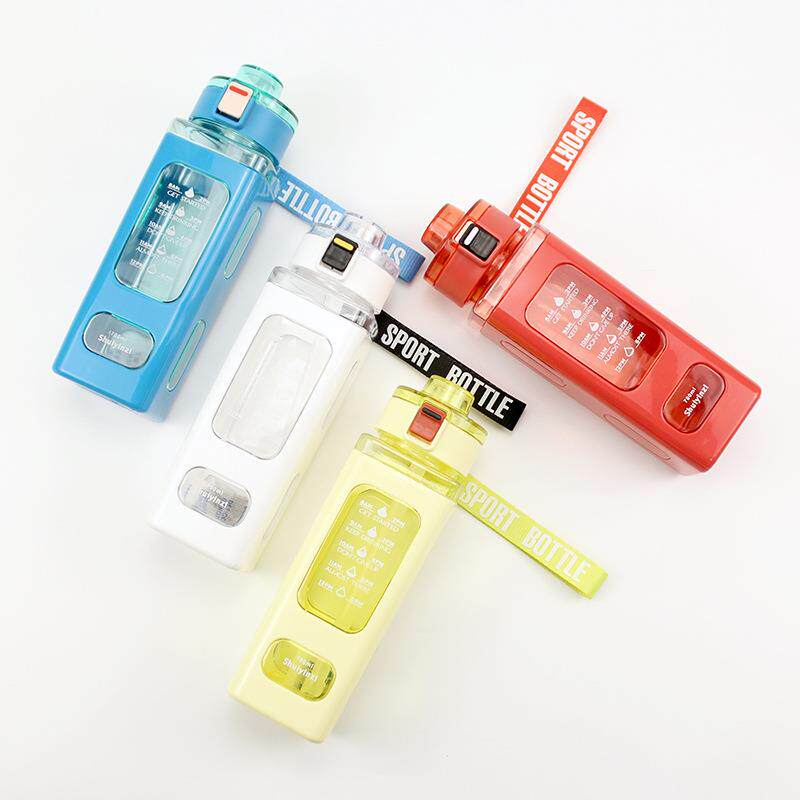 弹跳盖水壶女男夏季塑料吸管双饮杯学生简约便携运动水杯子小方杯