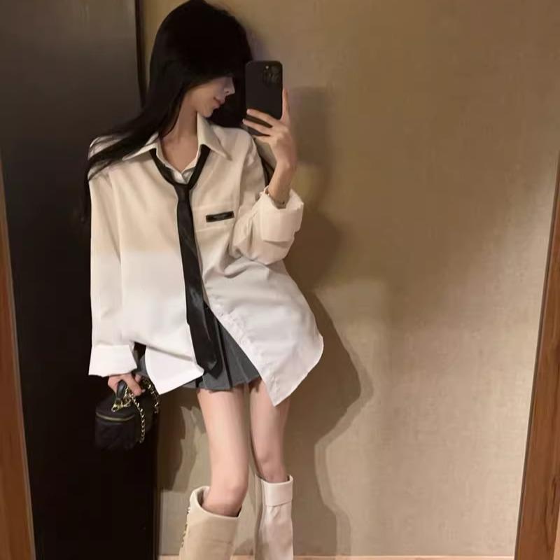 学院风制服领带衬衫女春秋休闲工作服宽松显瘦韩版中长版白上衣
