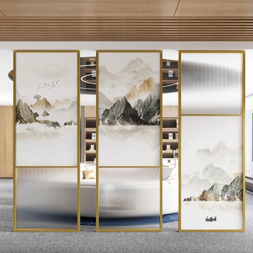 简约彩绘艺术玻璃屏风办公室会议室饭厅客厅入户玄关遮挡装饰隔断