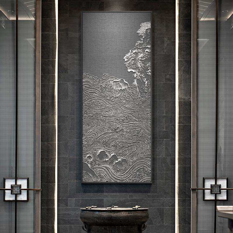 M3NO新中式红色装饰画入户玄关竖版立体挂饰抽象山水大气壁画
