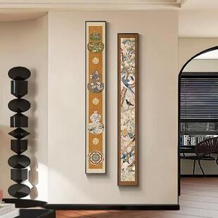 中古风花鸟入户玄关装 细长条挂画艺术感走廊过道壁画 饰画小众竖版