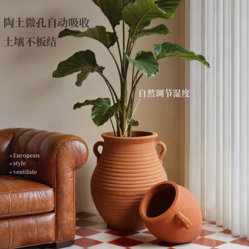 简约红陶大口径圆形粗陶花盆手工素烧控根透气龟背竹大号陶土陶盆