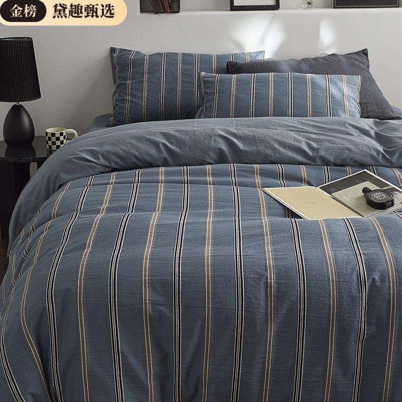 复古风60全棉长绒棉条纹贡缎四件套色织全棉床单被套宿舍床上用品