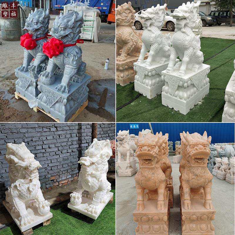 供应大理石动物麒麟雕塑一对庭院银行酒店门口晚霞红石雕麒麟摆件