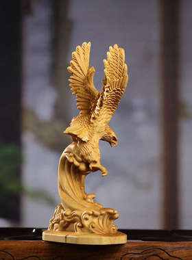 黄杨木雕大展宏图雄鹰展翅木质工艺品家居书房新中式桌面装饰摆件