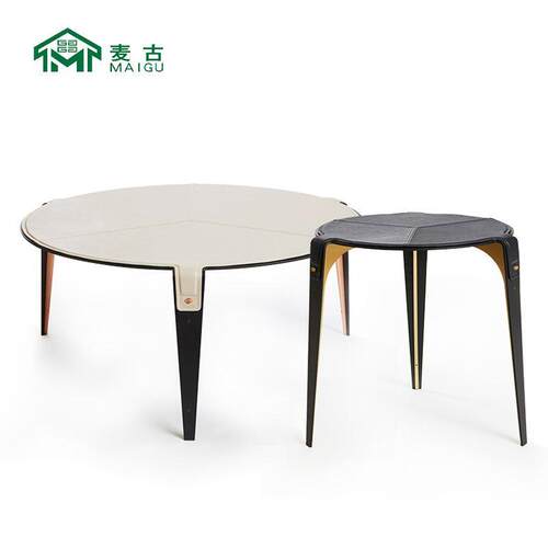 北欧现代简约圆形支架茶几不锈钢马鞍皮金属卧室边几角几设计师款