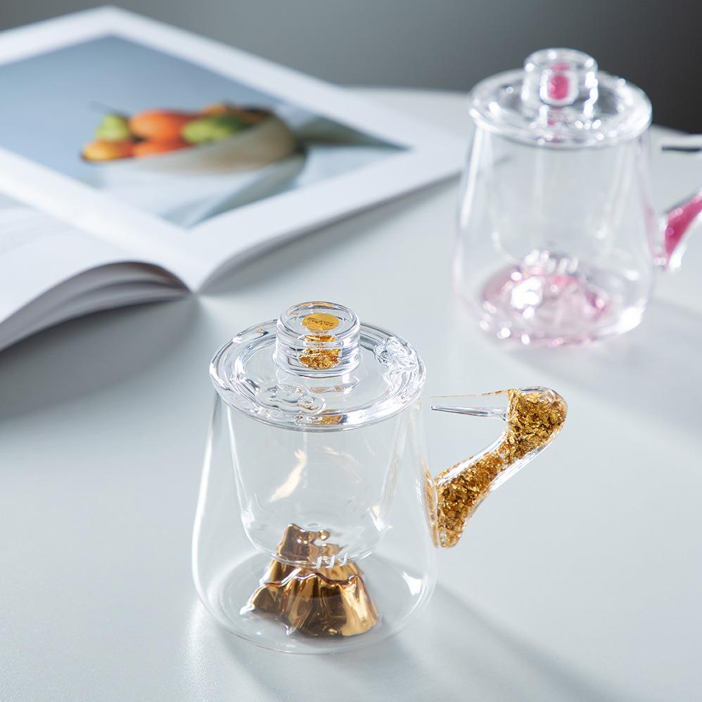 品茗观山高档手工泡茶杯水晶玻璃金箔绿茶杯办公室家用个人专用