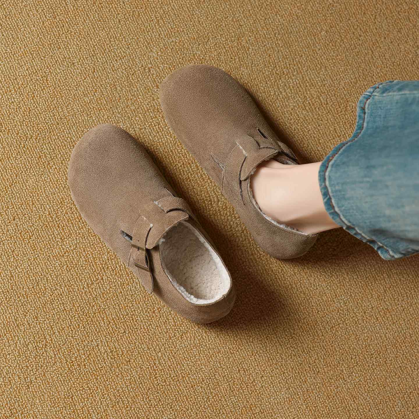 牛皮版~内增高全包勃肯鞋女秋冬加绒保暖毛毛棉鞋皮带扣博肯单鞋