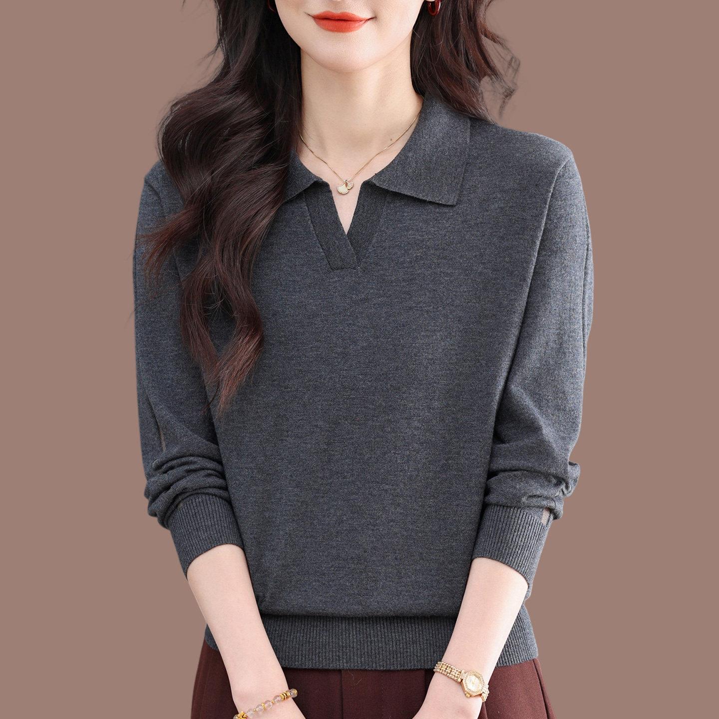 翻领桑蚕丝长袖T恤女2026春秋季新款单穿针织衫时尚洋气打底上衣