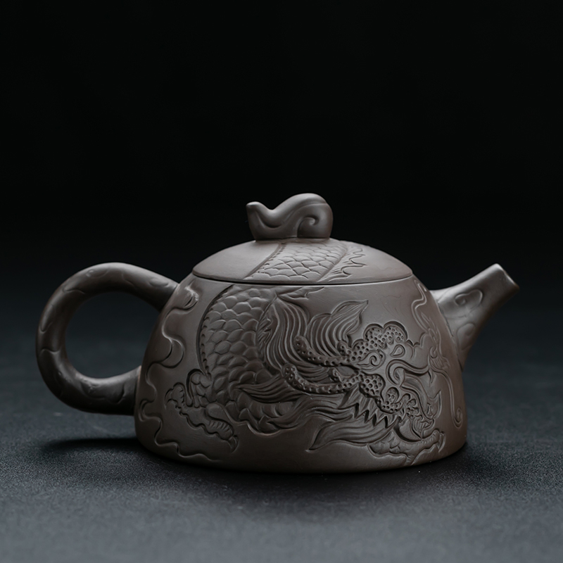 原矿紫砂壶泡茶壶手工浮雕祥龙壶家用复古泡茶器纯色家用大号单壶
