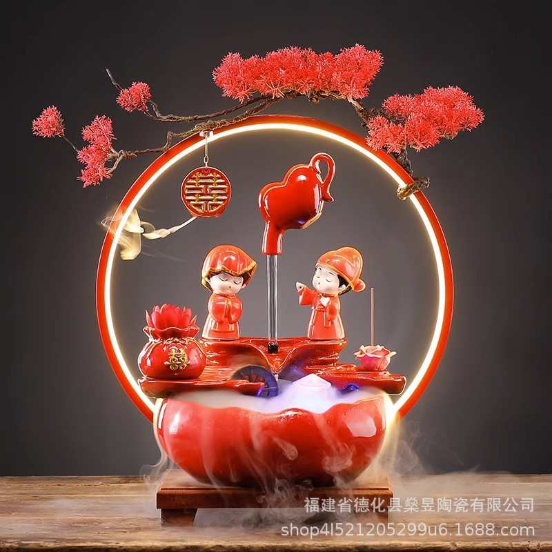 中式婚庆娃娃一对悬壶流水结婚客厅布置婚房装饰品摆件送新人礼品