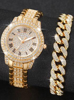 2PCS Fashion Diamond Women Watches Gold Watch Ladies Wrist W