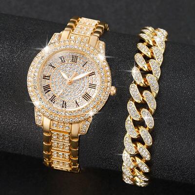 2PCS Fashion Diamond Women Watches Gold Watch Ladies Wrist W