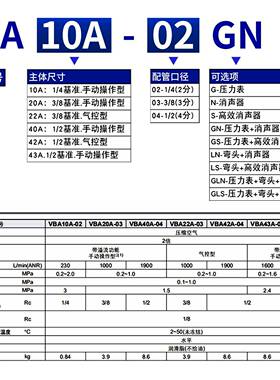 气动增压阀VBA10A-02GN气体气缸增压泵VBA20A-03储气罐VBAT10/20